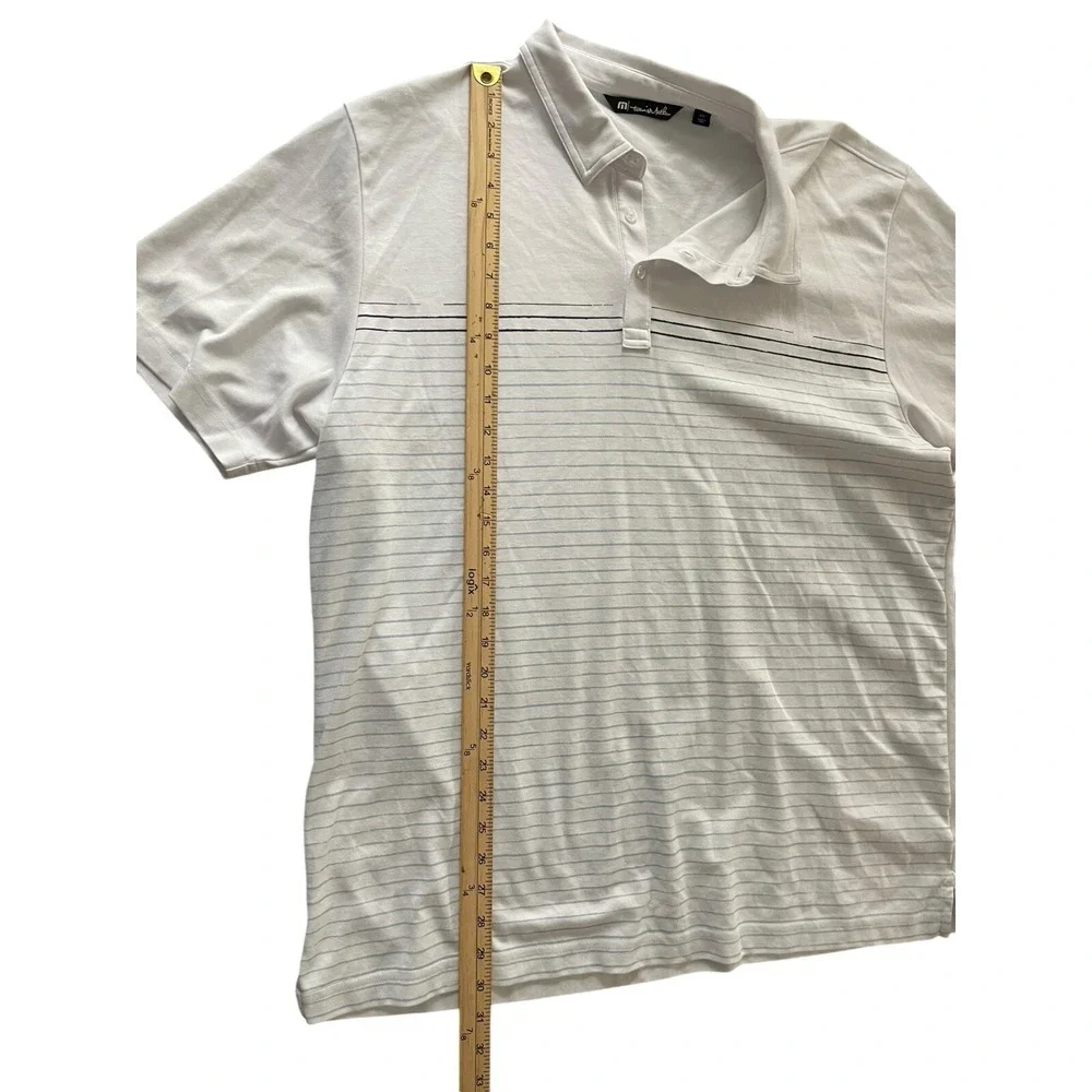 Travis Mathew Polo Collared Shirt White Blue Striped Mens 2XL Short Sleeve Golf